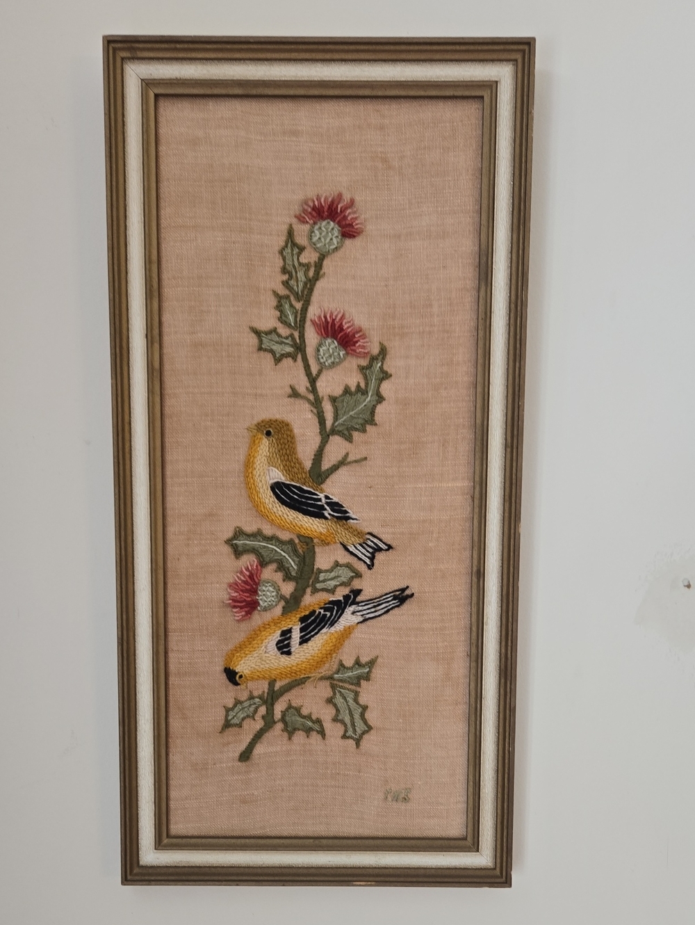 Vintage Needlpoint Birds & Thistle Framed 18.5" X 9.25"